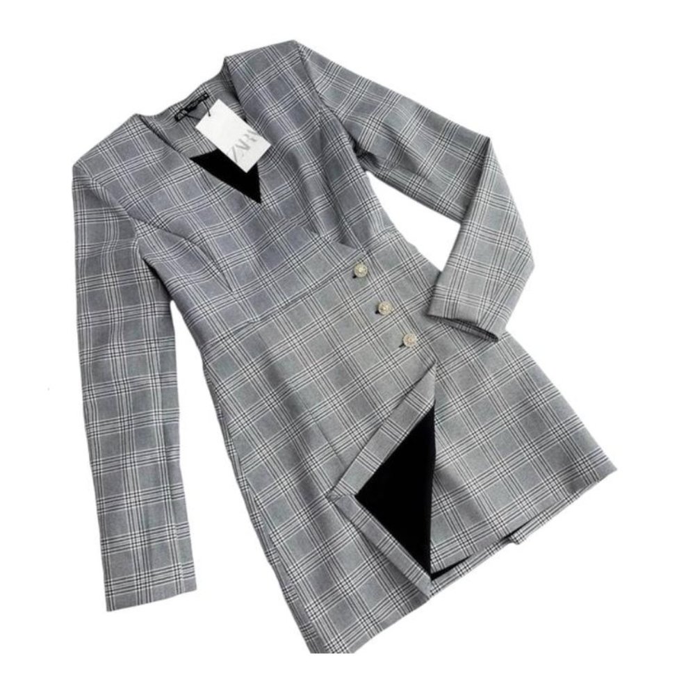 ZARA WOMAN GRAY PLAID FULLY LINED JEWELED BLAZER DRESS $129.90